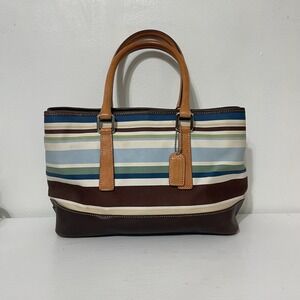 Coach Striped Canvas Leather Tote Bag Brown Blue Green Cream Purse *Some Stains